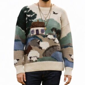 Vintage Samantha Taylor Wool/Mohair Cottage & Sheep Crewneck Knit Sweater EUC XL